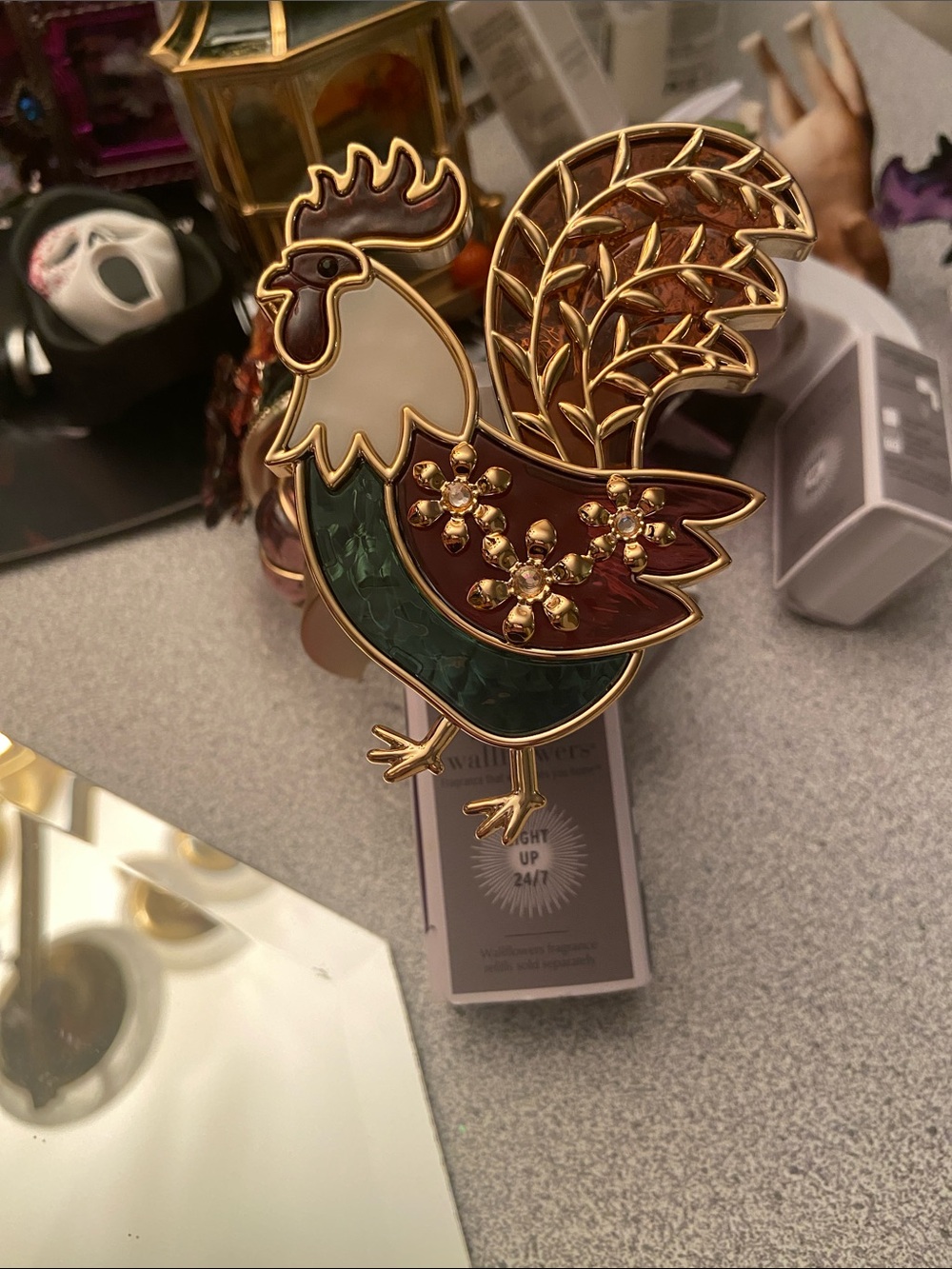 Decorative Rooster Enamel Pin in Green, Red, White and Gold light up wallflower
